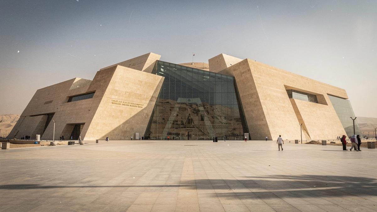 Grand Egyptian Museum exterior with warm desert-toned architecture near Cairo
